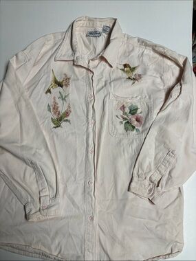 Vintage Get Lucky Pink Button-Down Shirt with Hummingbird & Floral Embroidery